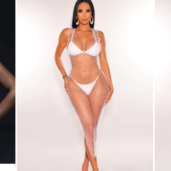 WHITE FISHNET SILVER RHINESTONE COVER UP DRESS ONE SIZE - Picture 1 of 9